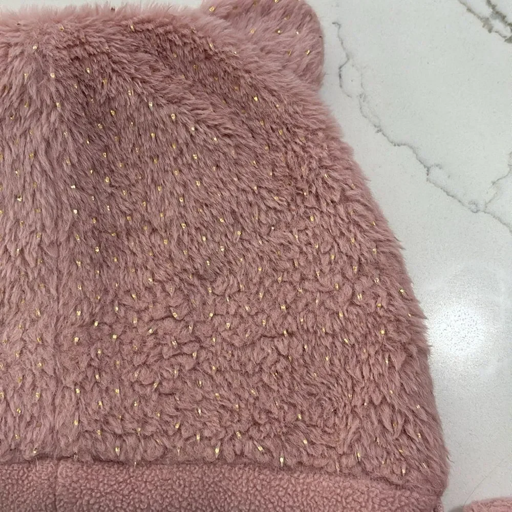 Girls Kids Pink Bear Ears Fleece Winter Hat Gold Flecks Pom Poms Size 52 (6 5/8)